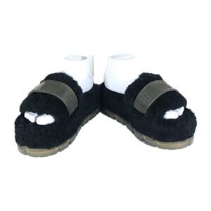 UGG Women's Fluffita US 7 Black Logo Slip On Platform Shearling Slide Slippers